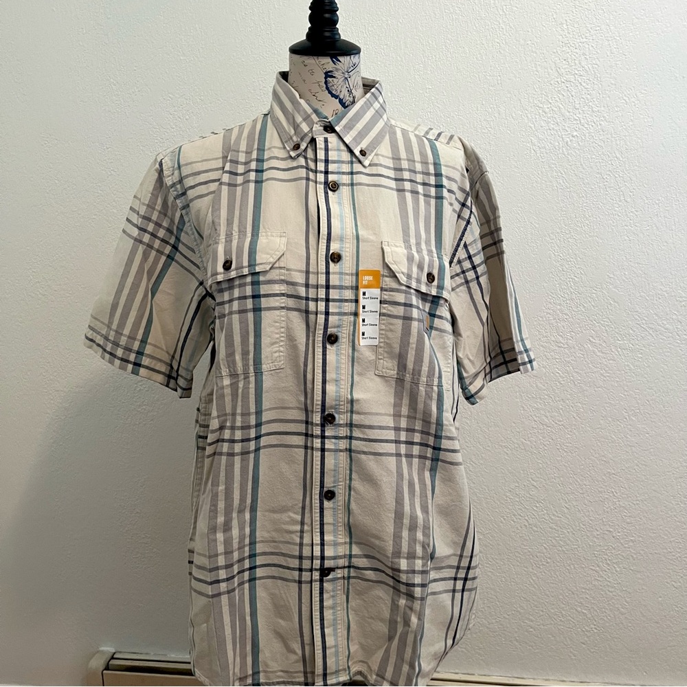 Carhartt Loose Fit Medium White Blue Plaid Button Down Casual Shirt Short Sleeve
